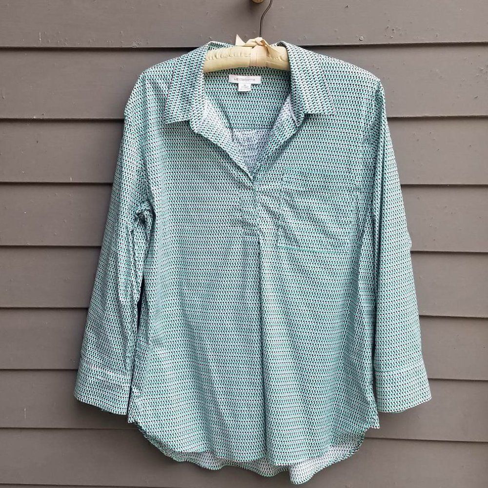 Liz Claiborne Black Blue White Partial button Down Blouse Size XL